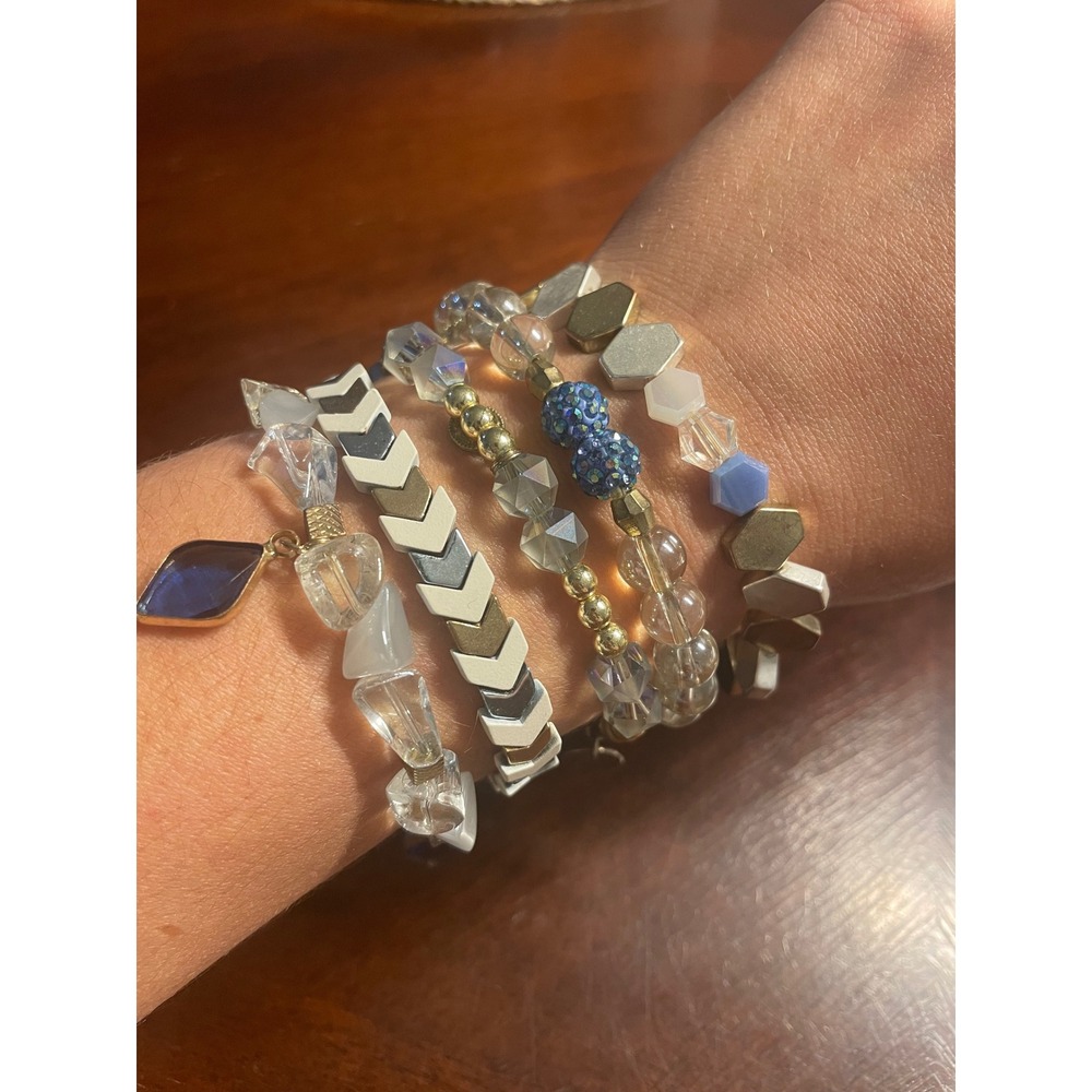 Erimish Beaded Bracelet Stack Set Gold Silver Grey Blue Geometric 5 Piece Pouch